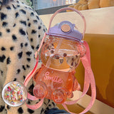 Water Bottles Kawaii Bear Water Bottle Cute Kids  School Outdoor Bottle With Straw Portable Strap Plastic Water