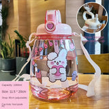 Large Capacity Outdoor Sports Water Bottle With Straw Strap Creative Cute Sticker Portable Plastic Kids Sippy Water Cup
