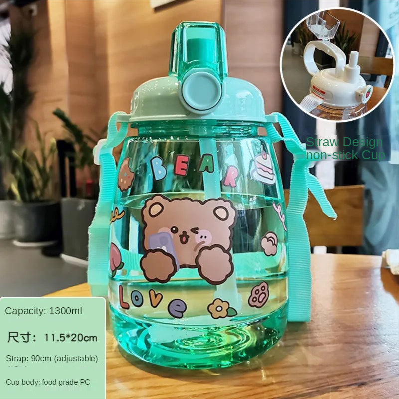 Large Capacity Outdoor Sports Water Bottle With Straw Strap Creative Cute Sticker Portable Plastic Kids Sippy Water Cup