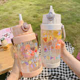 Cute Bear Water Bottle With Straw Sport Plastic Portable Handle Large Bicycle Drinking Bottles BPA Free