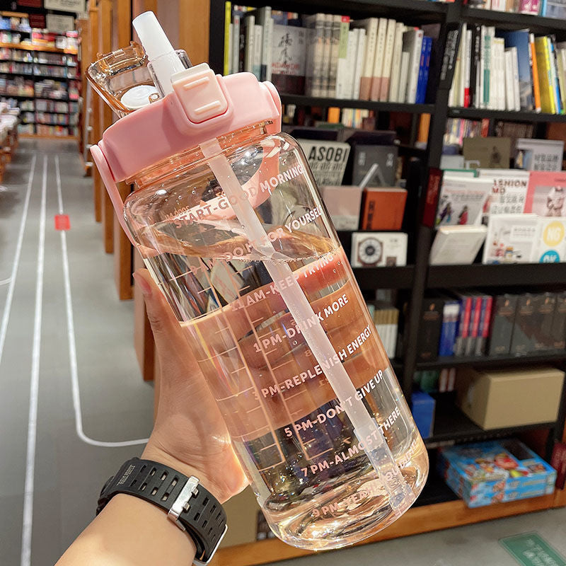 2 Liter Water Bottle with Straw Female Jug Girls Portable Travel Sports Kettle with Time Marker Plastic Drinking Bottle