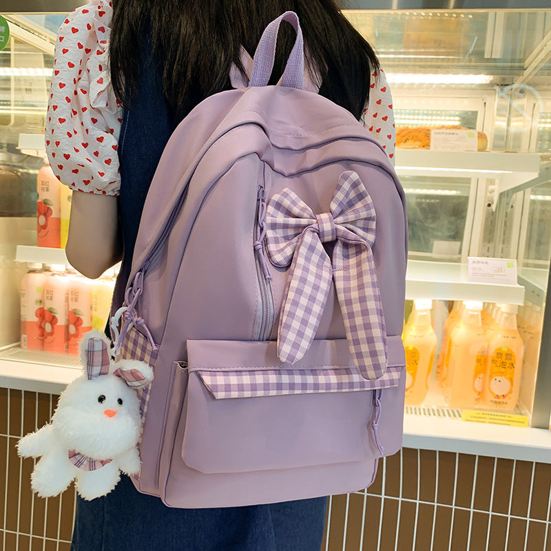 Lhzstore  Women School Bag Female Middle School Student Girl Cute Bow Backpack Junior High School Student Large Capacity Back Pack