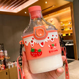 Kawaii Strawberry Milk Cow Pattern Water Bottle For Children Adults BPA Free Plastic Drink Bottle Gourd With Straw Strap