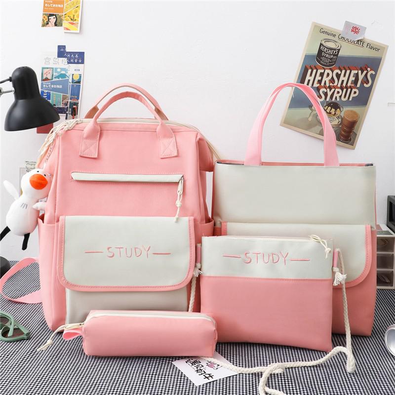 lhzstore 4 Pcs Set Backpacks For Teenagers Girl Canvas Kawaii Student Bookbags Cute Women Bagpack Large Capacity Backpacks