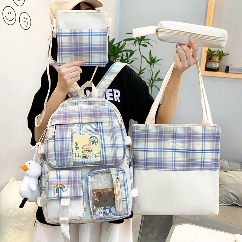 lhzstore Backpacks For High Schoolers 4-piece Set Women Backpack Plaid School Bag For Girls Waterproof Large Capacity Backpacks