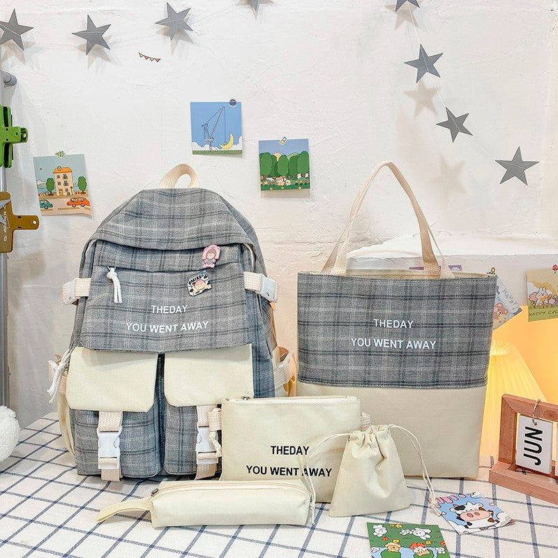 lhzstore 5-piece Set Backpacks For High Schoolers Women's Backpack Plaid Style School Bag For Girls Large Capacity Backpack
