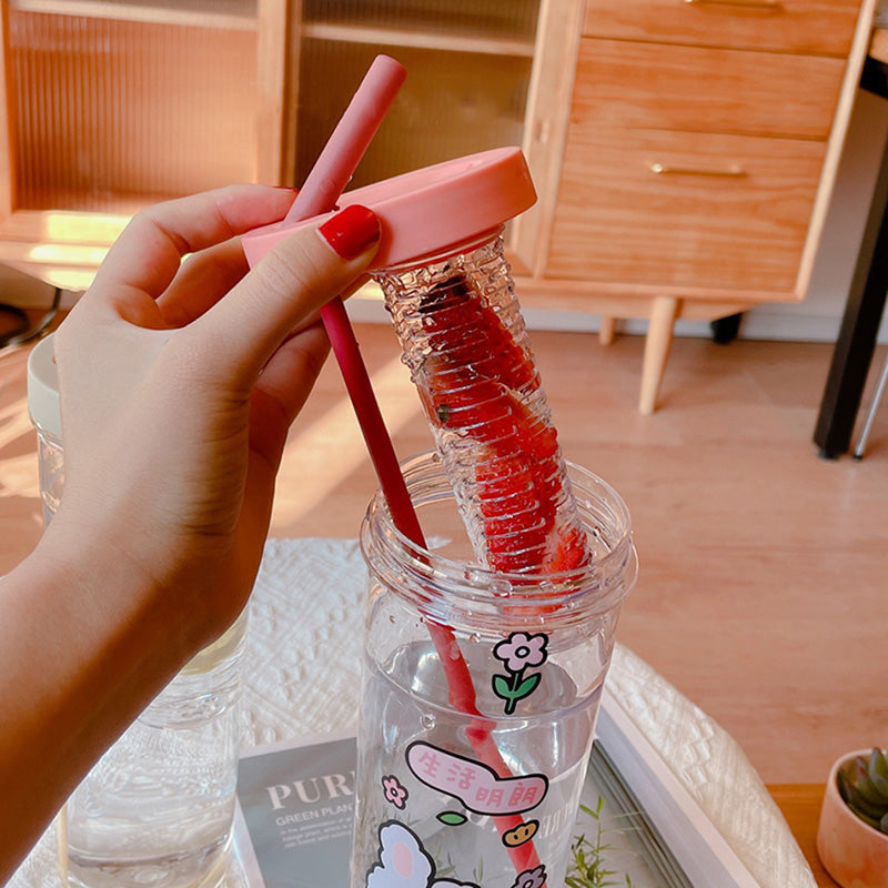 Cute Clear Plastic Water Bottle For Girls With Straw Tea Strainer Stickers Summer Large Capacity Bubble Juice Drink Cup