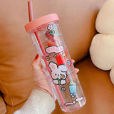Cute Clear Plastic Water Bottle For Girls With Straw Tea Strainer Stickers Summer Large Capacity Bubble Juice Drink Cup