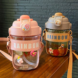 Straw Water Bottle With Leather Case Large Capacity Double Drink Plastic Bubble Tea Cup Kids Student Drinking Bottles