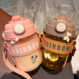 Straw Water Bottle With Leather Case Large Capacity Double Drink Plastic Bubble Tea Cup Kids Student Drinking Bottles