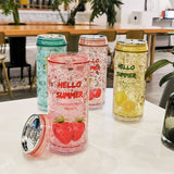 Creative Cans Ice Cup Cute Plastic Water Bottle with Lids Fruit  Milk Drink Bottles Double Layer Refrigeration Crushed Ice Cups