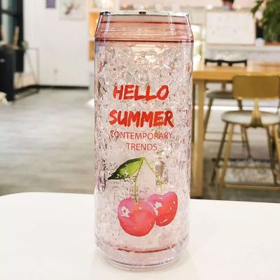 Creative Cans Ice Cup Cute Plastic Water Bottle with Lids Fruit  Milk Drink Bottles Double Layer Refrigeration Crushed Ice Cups