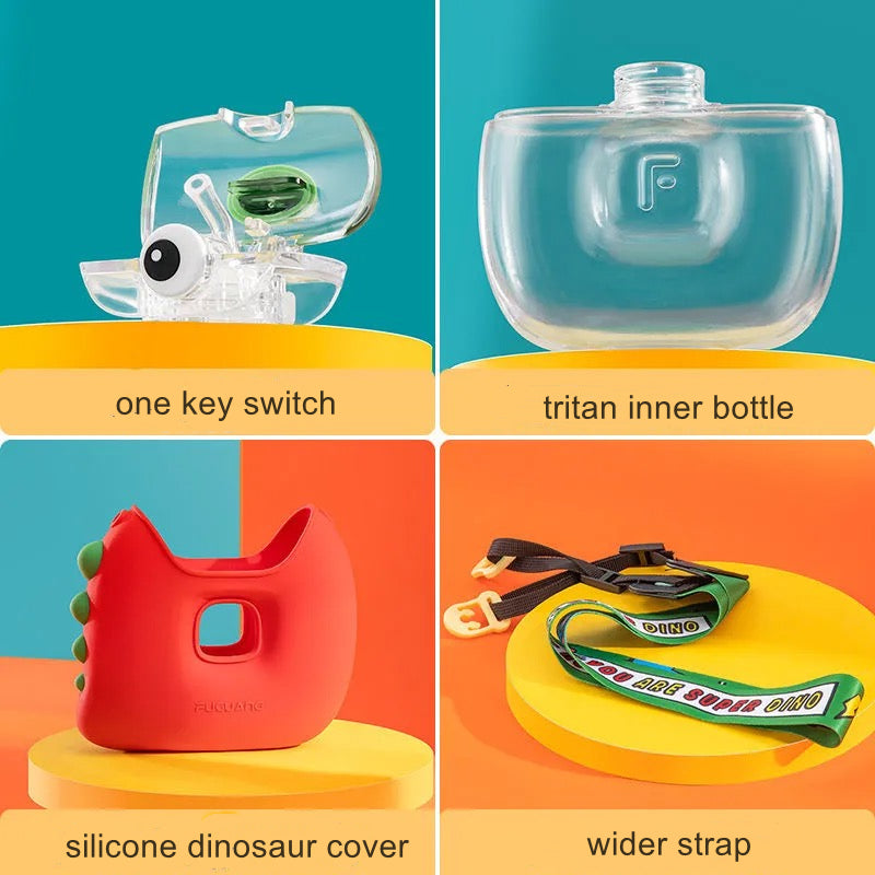 Creative Cute Dinosaur Shape Kettle Kids Water Bottle With Straw Outdoor Anti fall Portable Strap Plastic Water Cup BPA Free