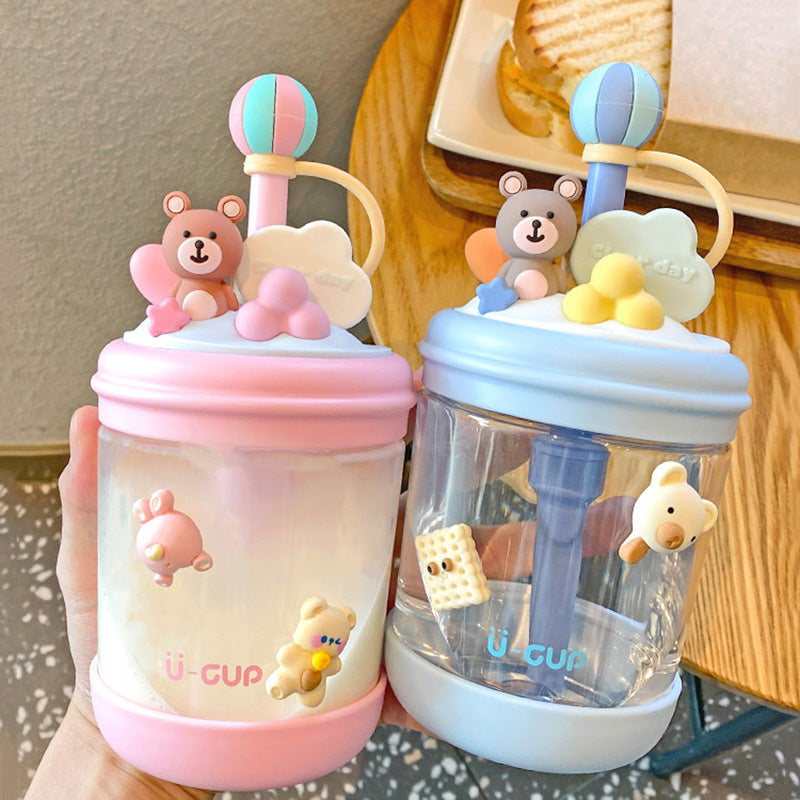 Cute Bear Tritan Water Bottle BPA Free Summer Cold Drink Cup With Straw Portable Kids Girls Student Juice Milk Shaker Bottles