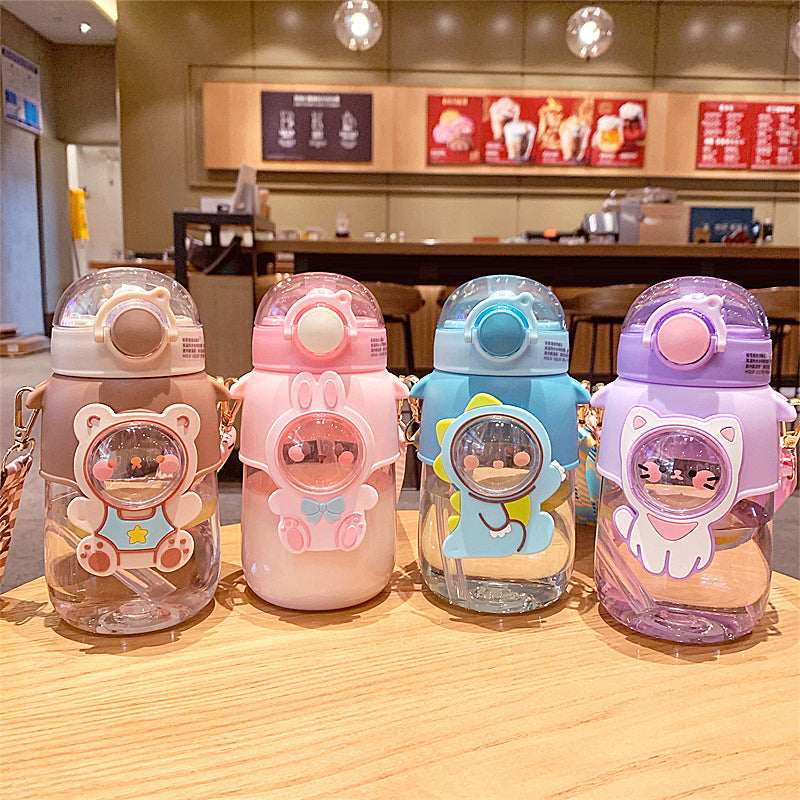 Cute Children Water Bottle Large Capacity Cartoon Plastic Straw Cups With Straps Portable Outdoor Travel School Drinking Bottles