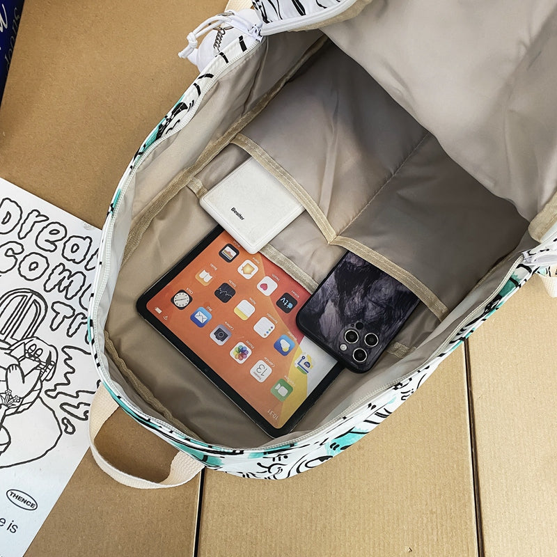 lhzstore Aesthetic Backpack Multipocket Nylon Women Backpack Cartoons Graffiti Travel Bag Sweethearts School Bag Unisex Big Bookbag