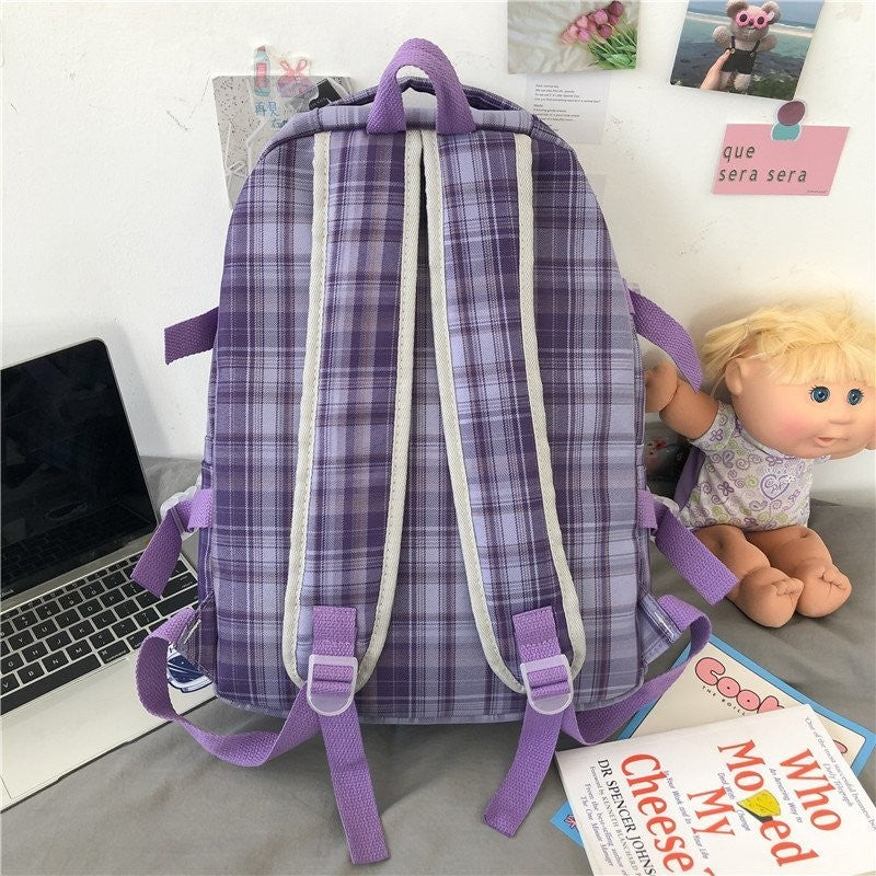 lhzstore Plaid Backpack Harajuku Kawaii Women's Backpack Casual University Bags For Girls Large Capacity Backpacks