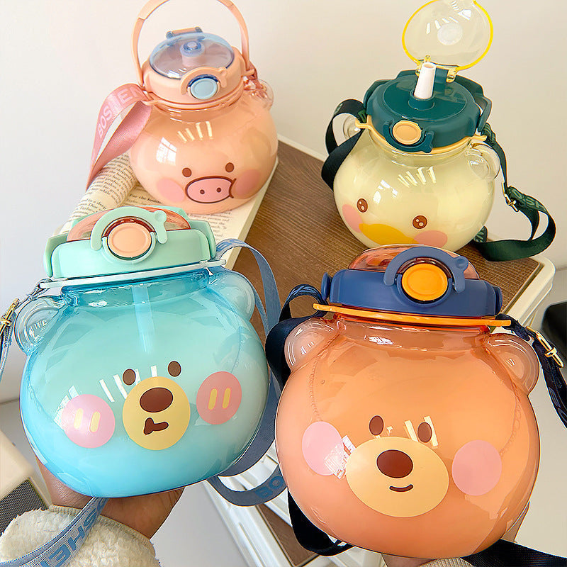 Kawaii Bear Water Bottle For Girls Summer Cute Big Belly Kids Straw Plastic Cup BPA Free Portable Strap Outdoor Drinking Kettle