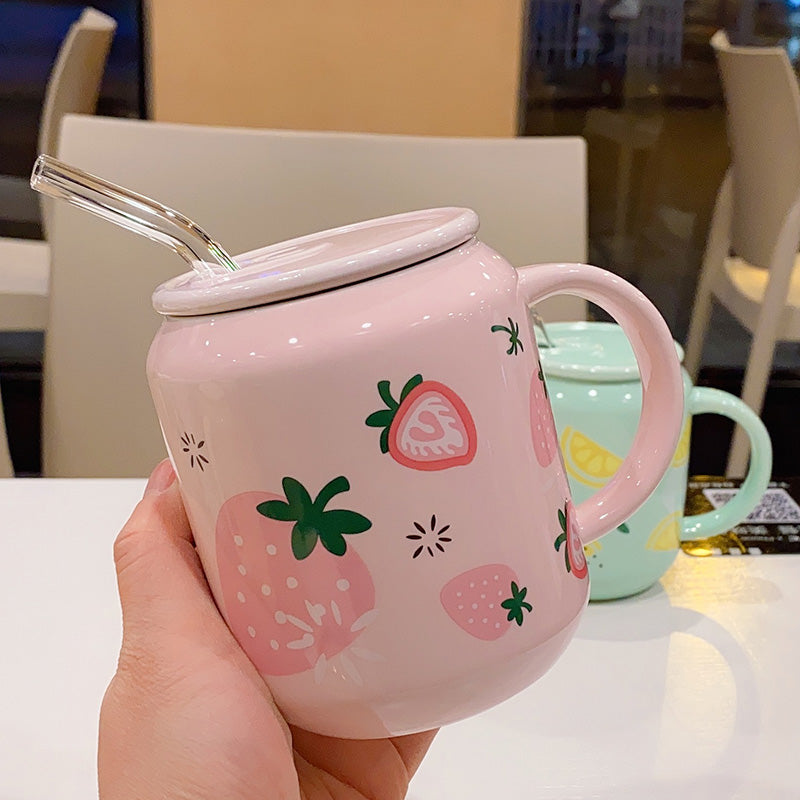 Creative Cute Fruit Ceramic Mug With Straw Ins Style Strawberry Cup Water Bottle for Girls Couple Porcelain Mugs Coffee Cups