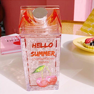 New Kawaii Ice Fruit Bottle With Straw Fashion Double Layer Cold Ice Cup Creative Square Milk Box Plastic Water Bottles BPA Free