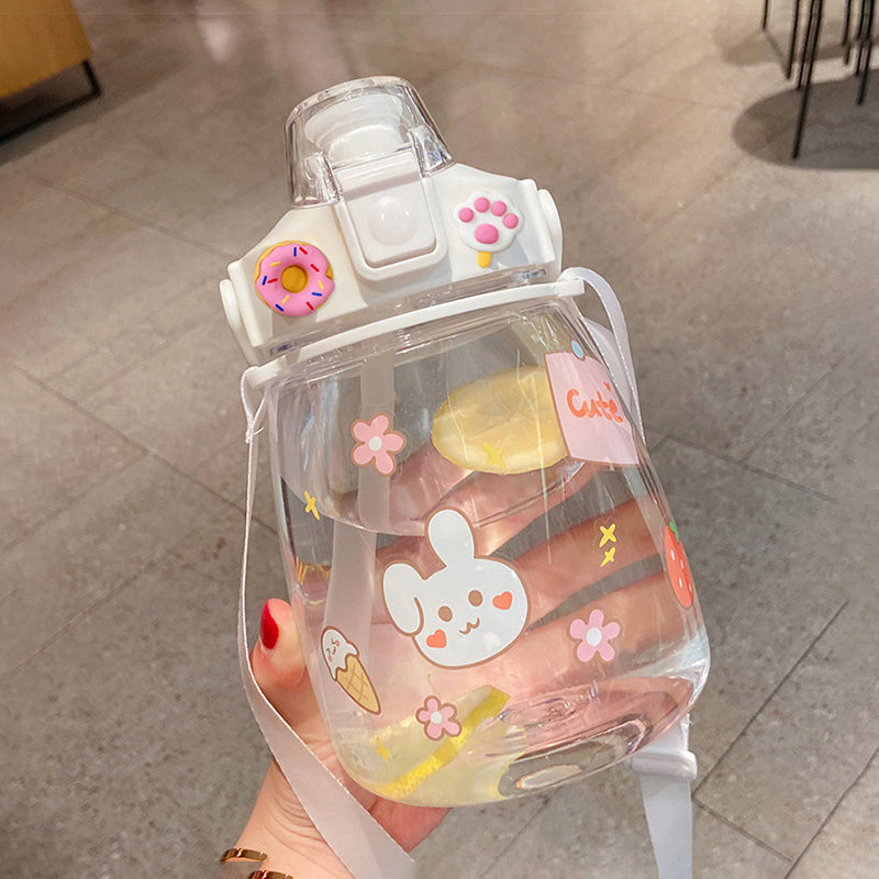 Portable Water Bottles with 3D Stickers Cute Kettle 1200Ml Shaker Bottle with Straw Leak-proof Juice Tea Coffee Cup