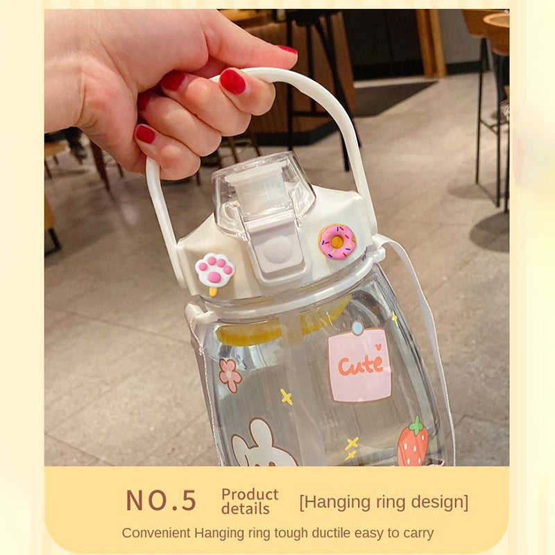Portable Water Bottles with 3D Stickers Cute Kettle 1200Ml Shaker Bottle with Straw Leak-proof Juice Tea Coffee Cup
