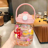 Summer Bubble Tea Straw Water Bottles For Girls Cute Plastic Double Drink Juice Big Belly Water Bottle With Time Marker Sticker