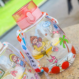 Summer Large Capacity Big Belly Water Bottle Cartoon Cute Sticker Kids Straw Cup Portable Strap Female Student Sports Water Cup