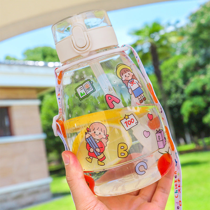 Summer Large Capacity Big Belly Water Bottle Cartoon Cute Sticker Kids Straw Cup Portable Strap Female Student Sports Water Cup