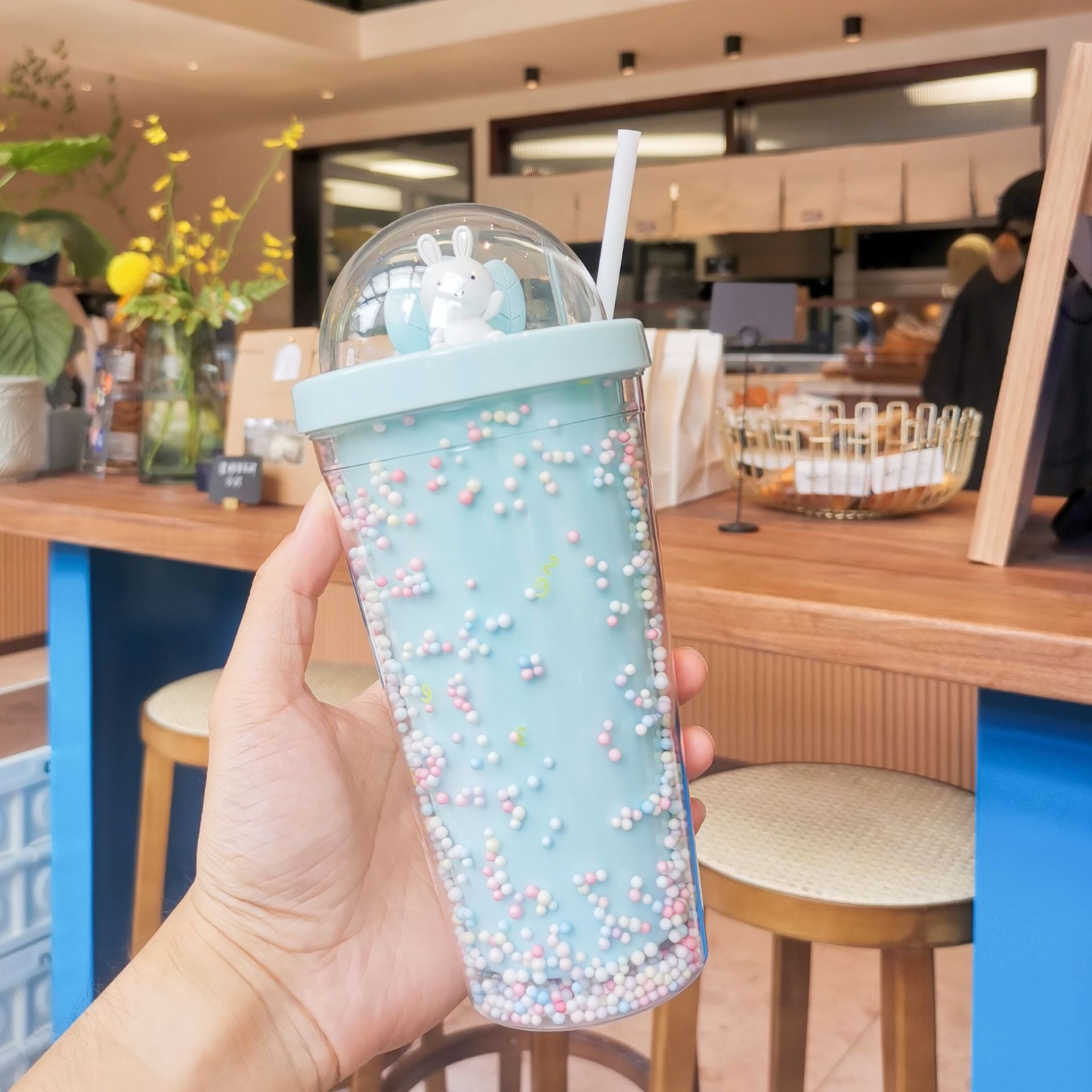 Water Bottle Cute Rabbit Glitter Rainbow Color Plastic Straw Cup Creative Personality Fun Girl Heart Ins Photo Gift Portable Cup