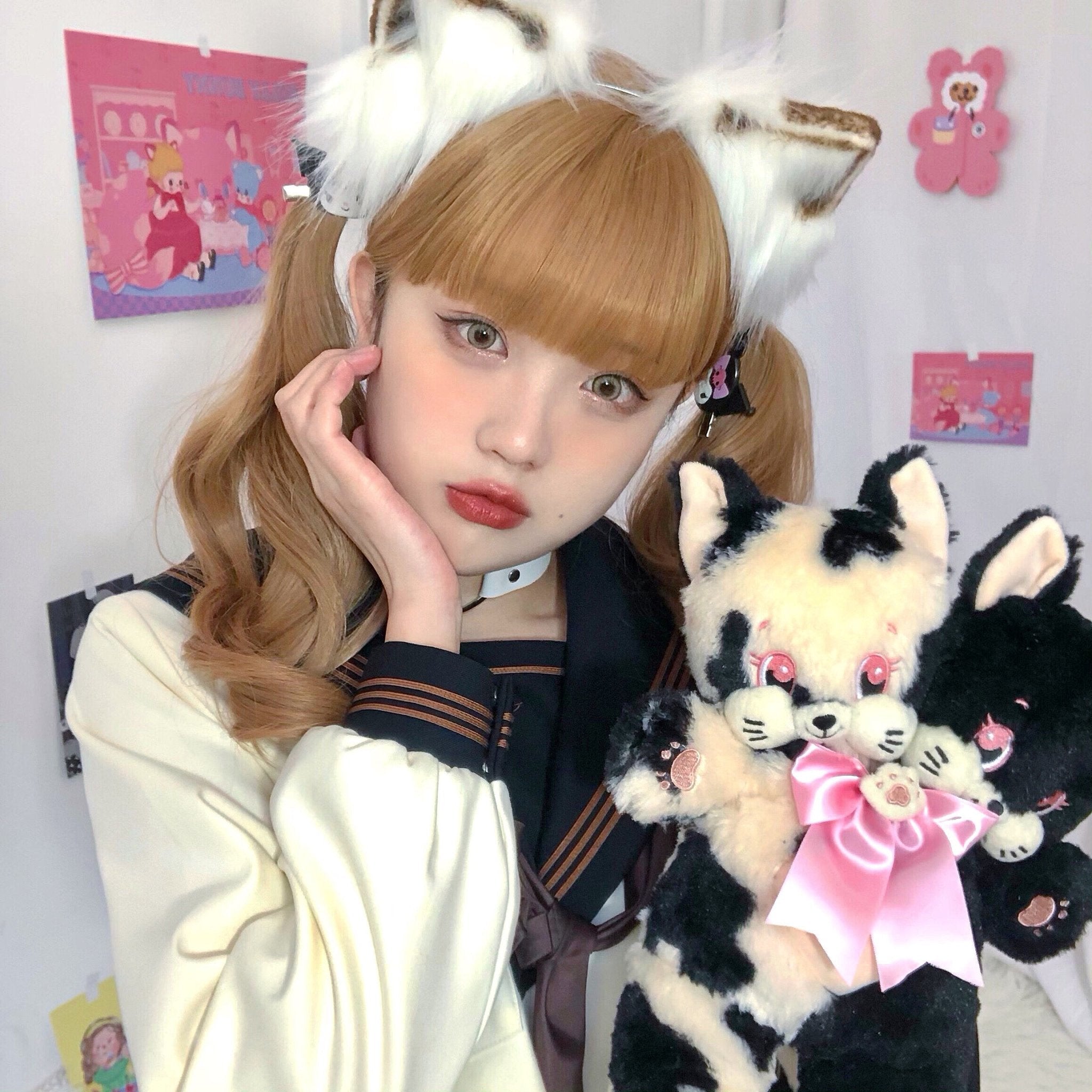 Double Head Cow Cat Plush Doll Bag